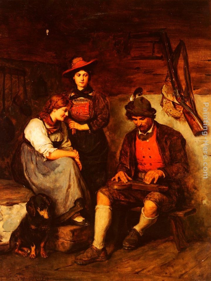 Franz Von Defregger Der Zitherspieler Auf Der Alm, Dem Zwei Madchen Zuhoren